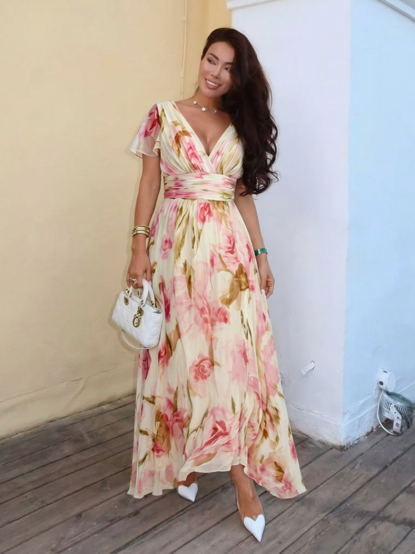 Margaux | Vestido maxi floral de mangas curtas em V