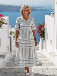 Maëlys | Vestido midi às riscas com mangas curtas