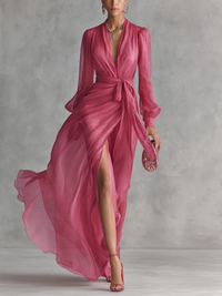 Cindy - Vestido de Chiffon Rosa com Decote em V para Mulher