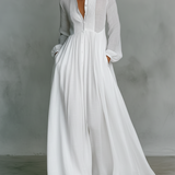 Elisa - Maxi Minimalista em Algodão e Linho com Patchwork, Gola Alta e Mangas Longas