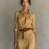 Vestido longo longo com gola de lapela e cinto inclusos