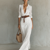 Vestido longo longo com gola de lapela e cinto inclusos