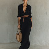Vestido longo longo com gola de lapela e cinto inclusos