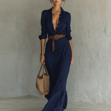 Vestido longo longo com gola de lapela e cinto inclusos