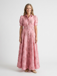 Amélie | Vestido maxi de mangas curtas com cinto em flores