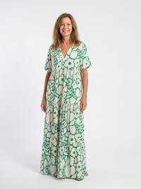 Lucie | Vestido midi com flores, mangas curtas e decote em V