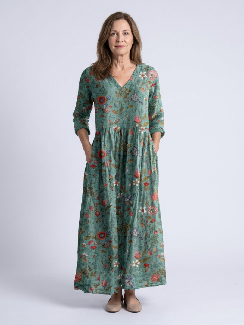 Valérie | Vestido maxi floral com decote em V e mangas três quartos
