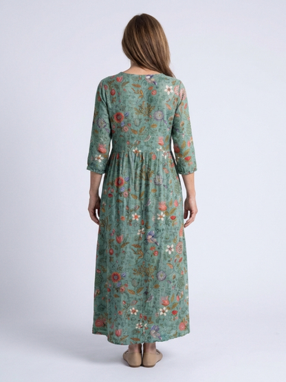 Valérie | Vestido maxi floral com decote em V e mangas três quartos