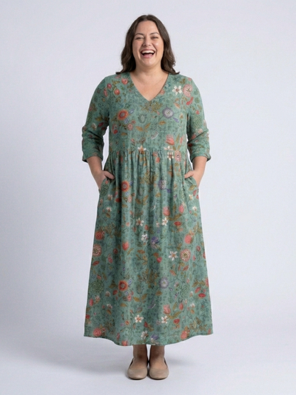 Valérie | Vestido maxi floral com decote em V e mangas três quartos