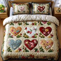 Conjunto de cama acolchoado de 3 peças - Corações Apaixonados