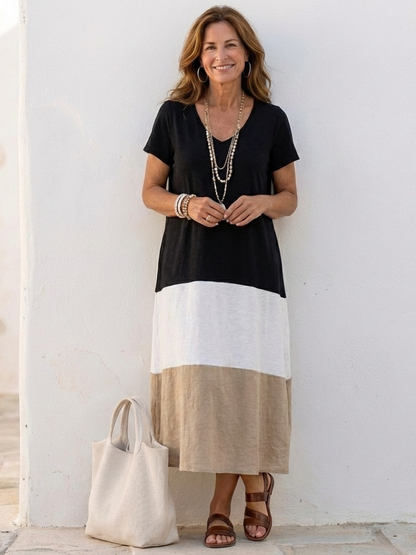 Valentine | Vestido midi com decote em V e mangas curtas bicolor