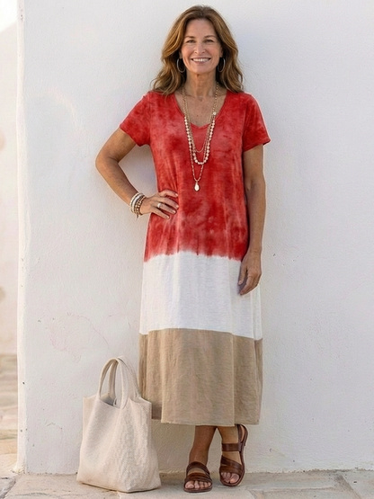 Valentine | Vestido midi com decote em V e mangas curtas bicolor