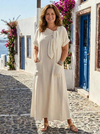 Ameline | Vestido Maxi com Decote Redondo e Mangas Curtas com Bolsos