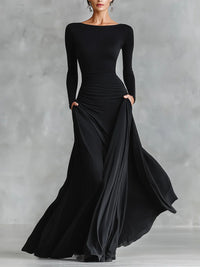 Noémie | Vestido Longo Preto com Decote Bateau & Drapeado Elegante