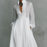 Elisa - Maxi Minimalista em Algodão e Linho com Patchwork, Gola Alta e Mangas Longas