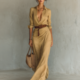 Vestido longo longo com gola de lapela e cinto inclusos