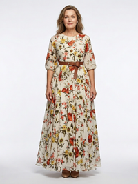 Isabelle | Vestido maxi com cinto, decote redondo e mangas três-quartos