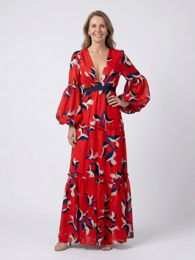 Léa | Vestido maxi de mangas longas e cintura atada
