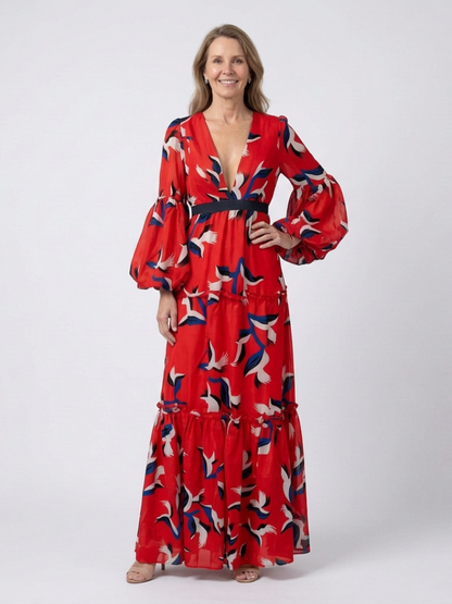 Léa | Vestido maxi de mangas longas e cintura atada