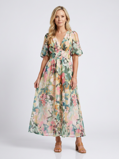 Audrey | Vestido midi de mangas curtas e cintura franzida