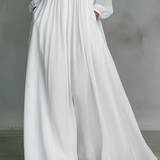 Elisa - Maxi Minimalista em Algodão e Linho com Patchwork, Gola Alta e Mangas Longas