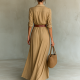 Vestido longo longo com gola de lapela e cinto inclusos