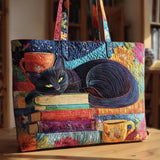 Bolsa Artesanal “Gato Negro com Livros e Canecas”