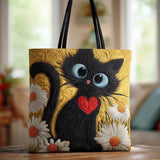 Bolsa Artesanal “Gato Negro com Coração e Margaridas”
