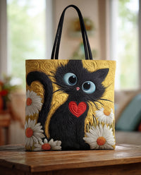 Bolsa Artesanal “Gato Negro com Coração e Margaridas”