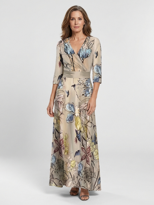 Caroline | Robe maxi portefeuille a flores com mangas três-quartos