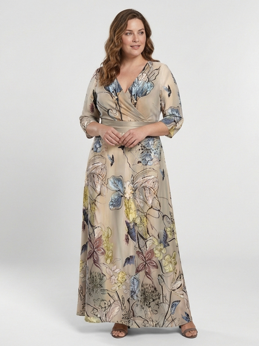 Caroline | Robe maxi portefeuille a flores com mangas três-quartos