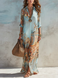 Luisa | Vestido maxi chemisier mediterrâneo