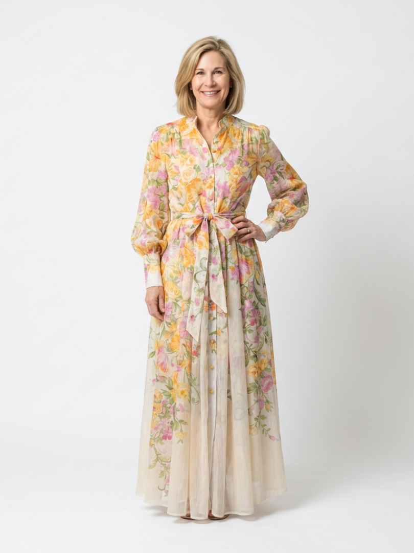 Delphine | Vestido maxi fluido de mangas longas e flores