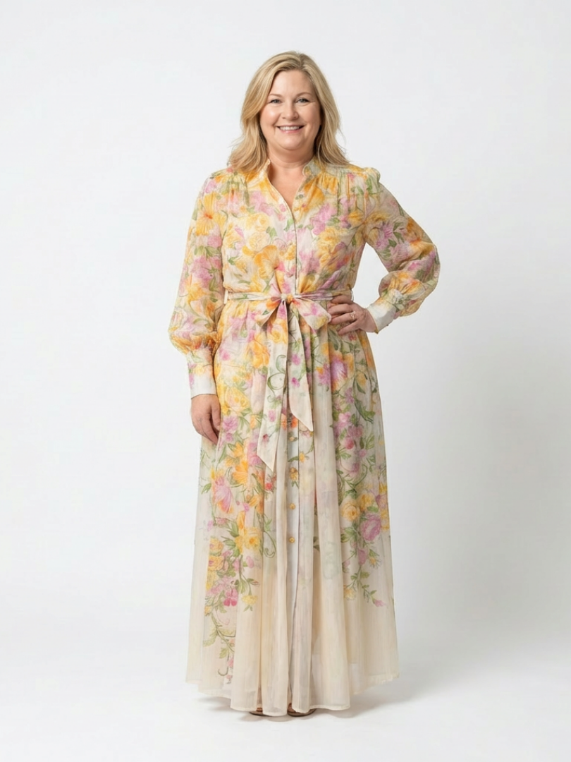 Delphine | Vestido maxi fluido de mangas longas e flores