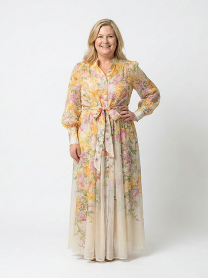 Delphine | Vestido maxi fluido de mangas longas e flores