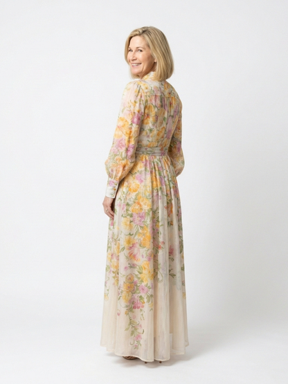 Delphine | Vestido maxi fluido de mangas longas e flores