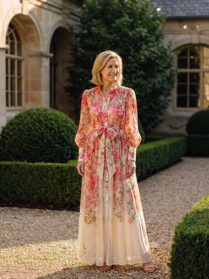 Delphine | Vestido maxi fluido de mangas longas e flores